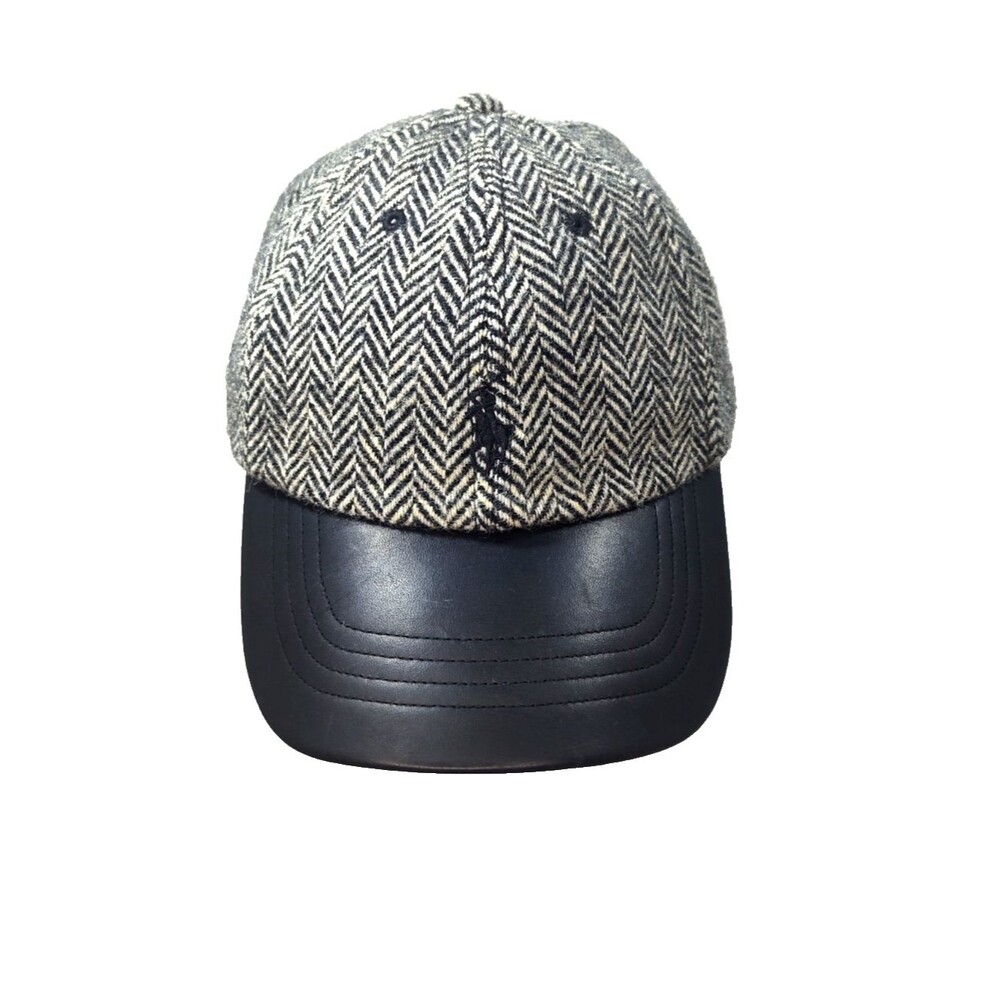 Vtg Polo Ralph Lauren Wool Herringbone Baseball Cap Black Leather SnapBack OS